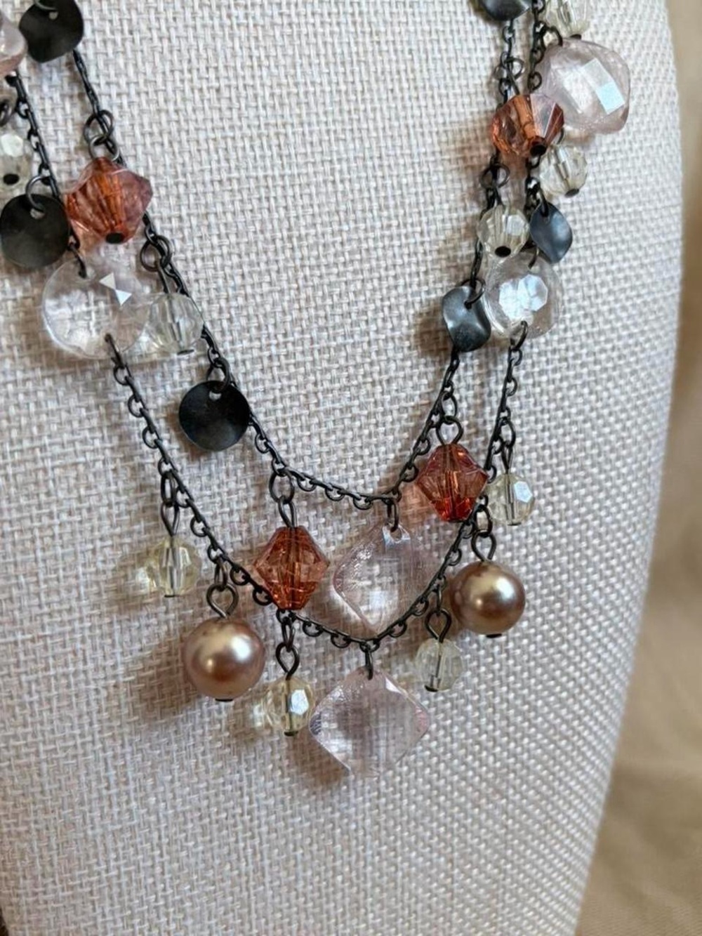 Premier Designs Layered Crystal, Pearl & Peach Bead Necklace